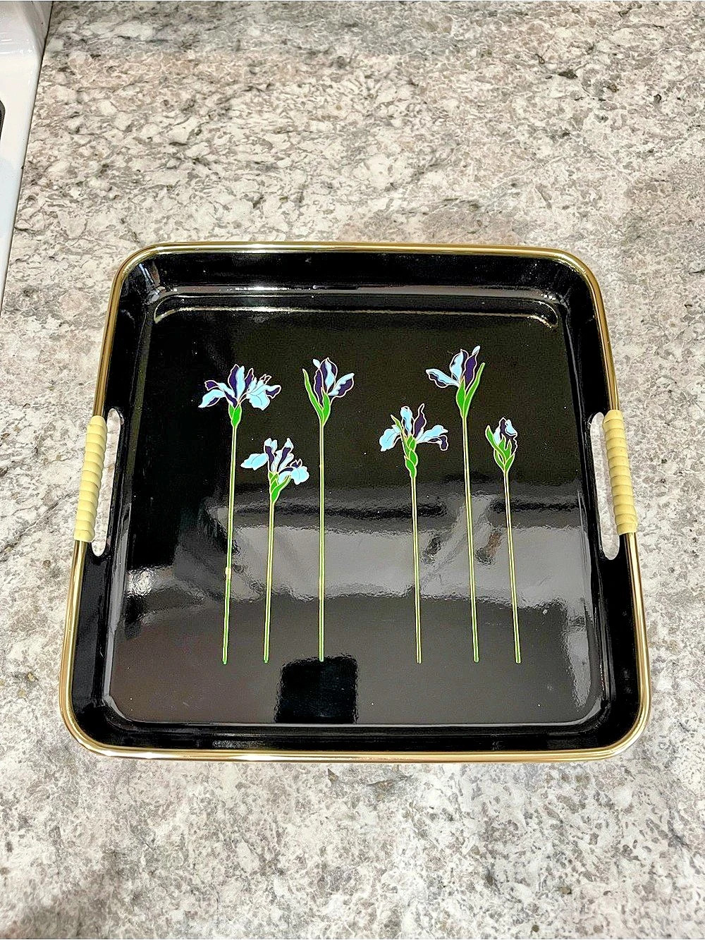 Floral Serving Tray in Black & Gold Like New